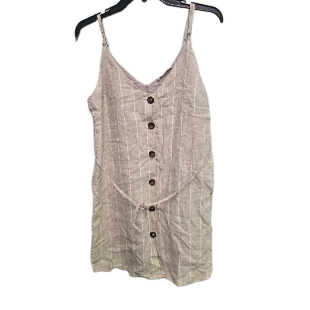 Karlie Womens 100% Linen Mini Sundress Beige Striped Coastal Boho Beach Button